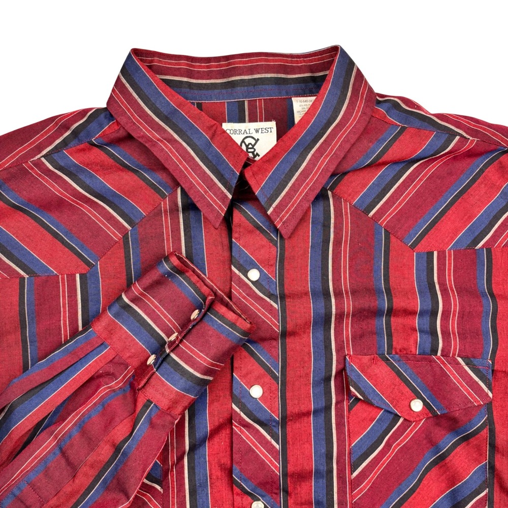 Corral West Ranchwear Mens‎ XXL Striped Western Pearl Snap Shirt Red Blue 2XL